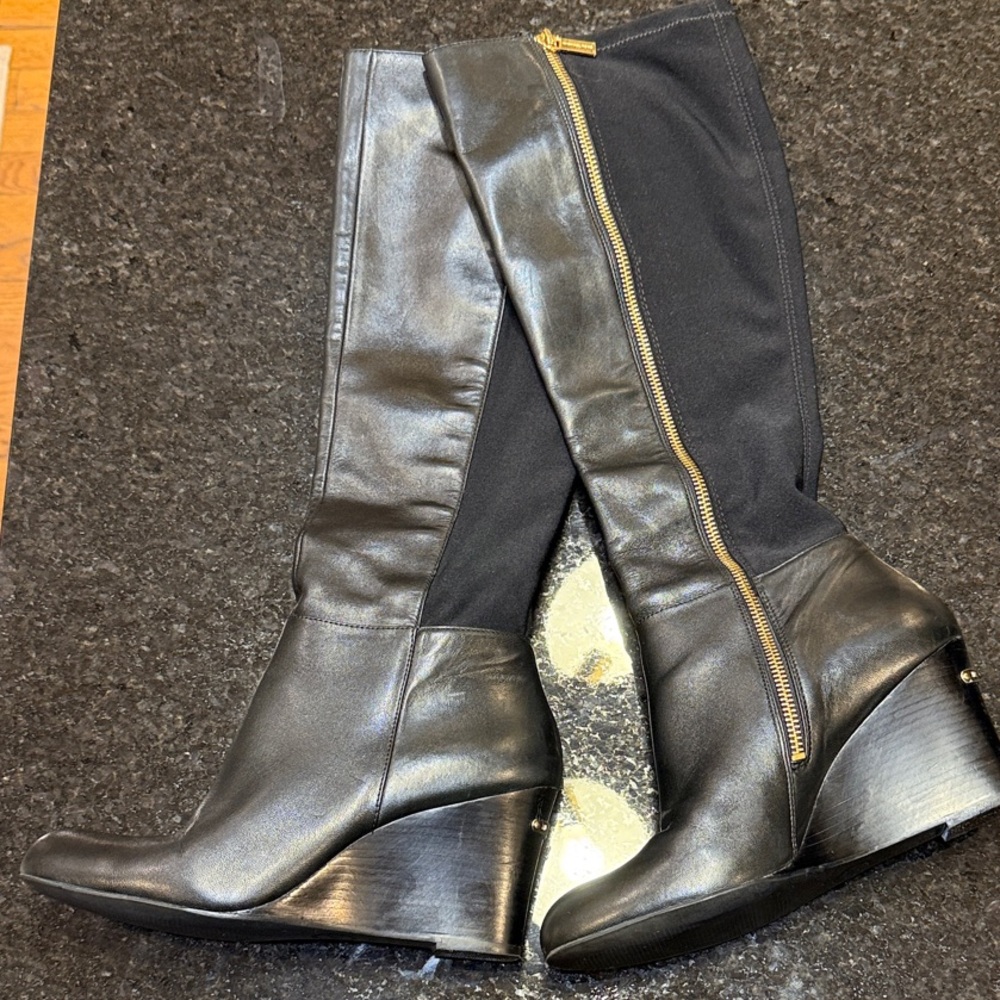 Michael Kors Black Wedge Knee-High Leather Boots